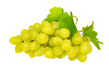 Ripe fresh bunch of yellow grapes and green leaves with drops of water and dew isolated on a...