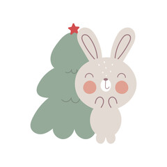 Christmas cartoon Rabbit. Vector print on the white background. For kids stuff, card, posters, banners, children books, printing on the pack, clothes, fabric, wallpaper, textile or dishes.