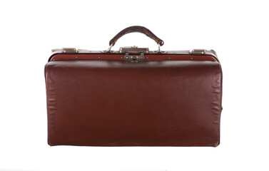 vintage brown carpetbag isolated on white background