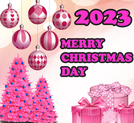 merry christmas holiday greeting xmas vector wallpaper design with pink different ornament and green tree and balloons and beautiful present gifts with enjoy this event and december.