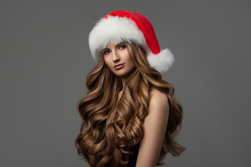 Portrait of a girl in a santa hat. Long curly hair. Gray background.