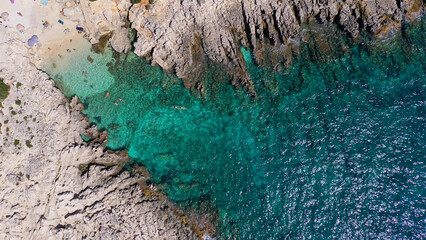 Aerial drone photo of secluded paradise beach of Alaties forming a small fjord, island of...