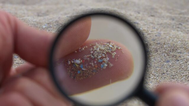 Microplastic contamination on the beaches worldwide. Micro plastics visual identification under a magnifier. Small plastic particles in sand. Environment, plastic pollution, oceans