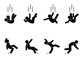 man falls icon, set of human silhouettes, slippery floor warning sign