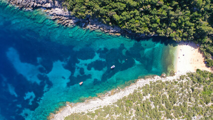 Aerial drone photo of secluded paradise beach of Dafnoudi one of the most beautiful on the island of Kefalonia, Ionian, Greece