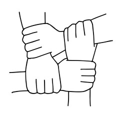 Four hands together concept teamwork united teamleading Arm interlocking with each other on wrist jointly collaboration. international suport team