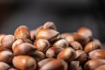 Macro Close up on a pile of hazelnuts with a beautiful depth of field
