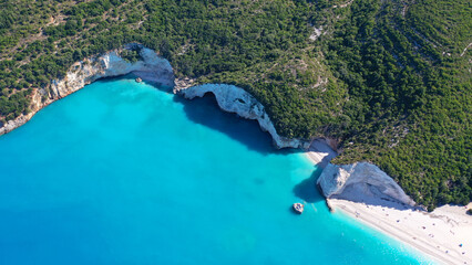Aerial drone photo of secluded paradise beach of Fteri one of the most beautiful on the island of...