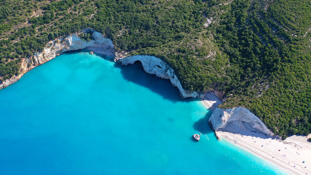 Aerial drone photo of secluded paradise beach of Fteri one of the most beautiful on the island of Kefalonia, Ionian, Greece