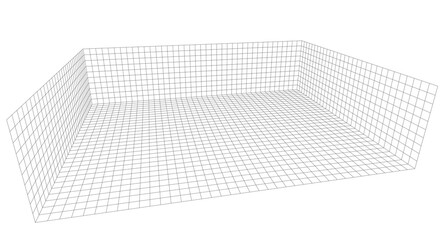 drawing of a room with a view of the walls and floor. 3d grid with black lines