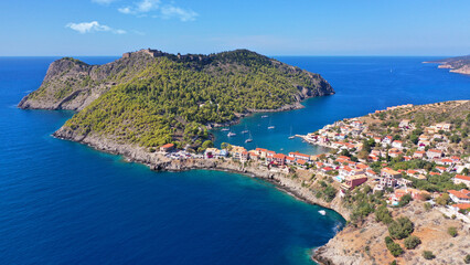 Fototapeta na wymiar Aerial drone photo of beautiful colourful and picturesque small fishing coastal village of Assos in island of Kefalonia, Ionian, Greece