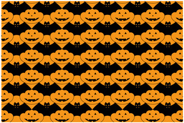 Seamless Geometric Pattern Tessellation of Bats and Pumpkins on an Orange Background