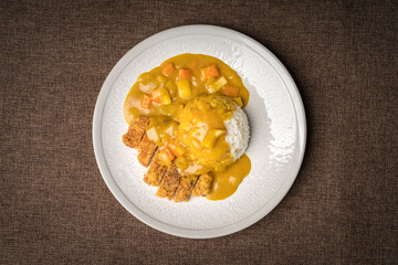 Curry pork chop rice on monochrome background