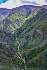 View of the green mountains from the Wings of Tatev cable car. Picturesque views. Armenia 2019