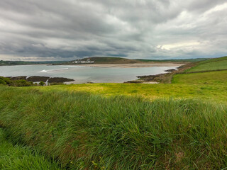 Thick green grass on a hill near the sea bay. Cloudy sky over Clonakilty Bay, seascape. Drone point...