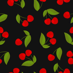 Seamless pattern with red cherries on a black background