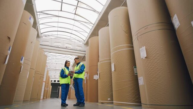 Cardboard plant. Engineers inspect rolls of paper in a warehouse. Box production