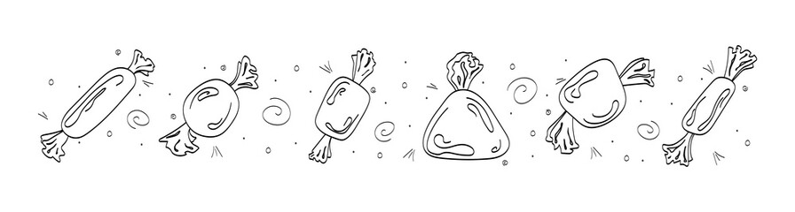 Sweet candies doodle set vector illustration isolated on white background. Black outline caramel and chocolate candies collection. Hand drawn clip art elements