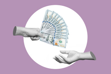 Female hand holding wad of hundred-dollar cash bills passing it on to another person on a purple background. Transfer of money. Shopping, payment. Trendy 3d collage, contemporary art. Modern design