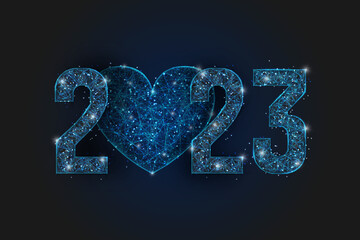 Abstract isolated blue image of new year number 2023. Polygonal low poly wireframe illustration looks like stars in the blask night sky in spase or flying glass shards. Digital web, internet design. © Katsiaryna