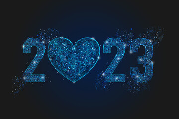 Abstract isolated blue image of new year number 2023. Polygonal low poly wireframe illustration looks like stars in the blask night sky in spase or flying glass shards. Digital web, internet design. © Katsiaryna