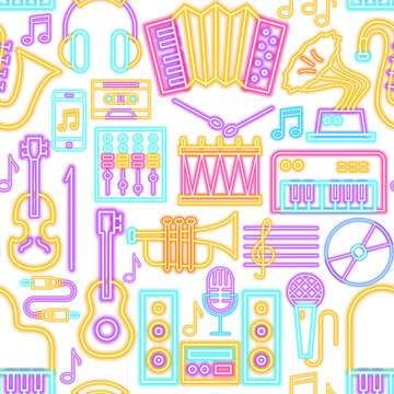 Music Neon Seamless Pattern. Illustration of Sound Promotion.