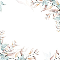 Fototapeta na wymiar Watercolor painted floral frame. Arrangement with branches and leaves. Cut out hand drawn PNG illustration on transparent background. Watercolour clipart drawing...