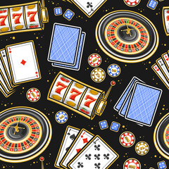 Vector Gamble seamless pattern, square repeat background with illustration of flat lay european roulette wheel, colorful casino coins, blue gambling cubes on dark background, wrapping paper for casino © mihmihmal