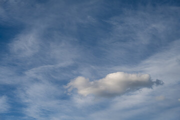 Sharp blue sky with wispy and puffy white clouds
