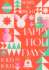 Christmas and Happy New Year greeting banner template.Festive vector background in bauhaus style with traditional winter holiday symbols.Xmas trendy design for branding,invitations,prints,social media
