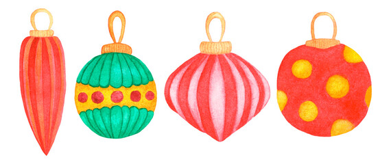 watercolor illustration handmade. Holiday toys for the Christmas tree of different sizes. For postcards, Christmas design and decor.