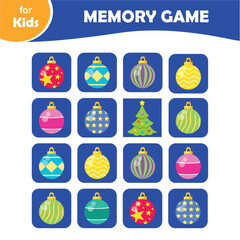 Memory game, educational mini games for children with Christmas tree balls