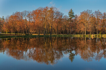 Autumn, autumn trees reflecting in the water. Poland Białystok Park
