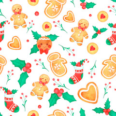 watercolor illustration handmade. Depicted are a gingerbread man, a white-glazed gingerbread mitt, a holly sprig, a Christmas sock with sweets. For Christmas design, postcard decor, wallpapers, packag