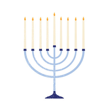 Jewish menorah with candles burning. Hanukkah nine-section candelabrum. Vector illustration in cartoon style. Isolated white background
