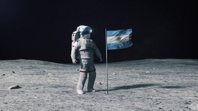 Astronaut in outer space on the surface of the moon. Planting Argentina, Argentine flag.