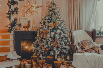 Stylish living room interior with beautiful fireplace, Christmas tree, Lights Presents Gifts Toys, Candles And Garland, Interior design