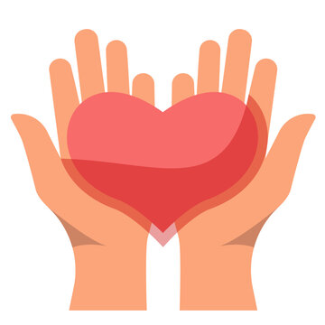Man holds a red heart in his hands. A symbol of charity, goodness, hope and love. Vector flat design illustration.