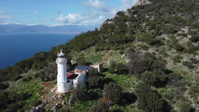 Gelidonya Lighthouse on Lycian Way, Antalya, Turkey. Mediterranean sea and scenic Islands.