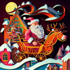 Fototapeta na wymiar santa claus delivering gifts by houses and chimneys, 3d illustration paper simulation