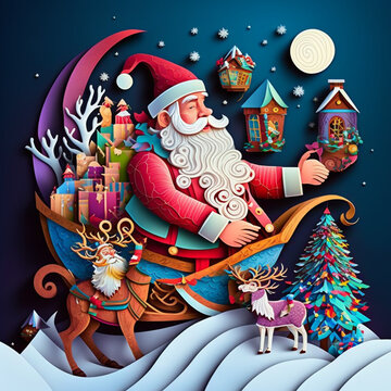 santa claus delivering gifts by houses and chimneys, 3d illustration paper simulation