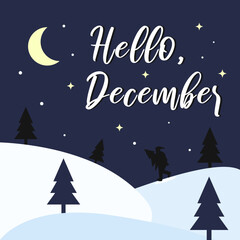 Winter Vector illustration with inscription Hello December. Santa with christmas tree in forest 