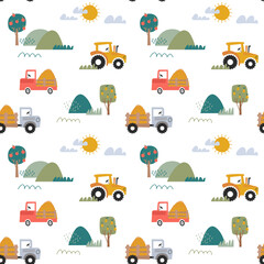 Seamless pattern of tractors and trucks in landscape on white background. A Day on the Farm. Hand-draw pattern in doodle style. For example the pattern for baby clothes or for wrapping paper.