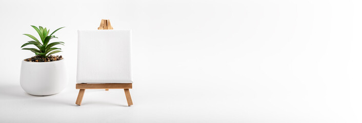 White square canvas on wood easel, mockup and ad art banner with copy space