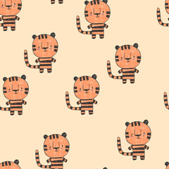 Seamless pattern of cute bright orange tigers in light orange background. Hand-draw pattern in vintage doodle style. For example the pattern for baby clothes or for wrapping paper.