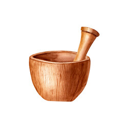 Wooden mortar and pestle set. Watercolor illustration isolated on white background