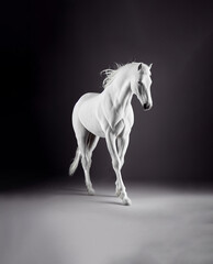 Standing silver white horse in studio interior dramatic lighting, digital painting illustration