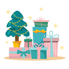New Year's set with a Christmas tree and gifts in a cute and cozy flat style. Vector illustration for print or web