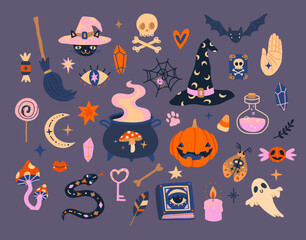 Big set of Halloween elements: black cat, witch magic items, ghost,  bat, spider, web, skull with crossbones, funny pumpkin, stars, candy.  Hand drawn vector illustration.