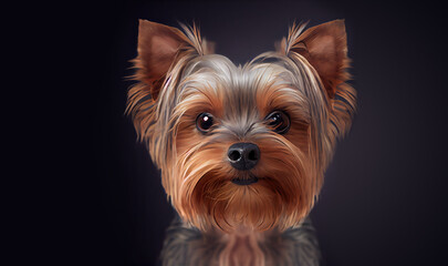 Adorable Yorkshire terrier on dark background, space for text. Cute dog. Digital art